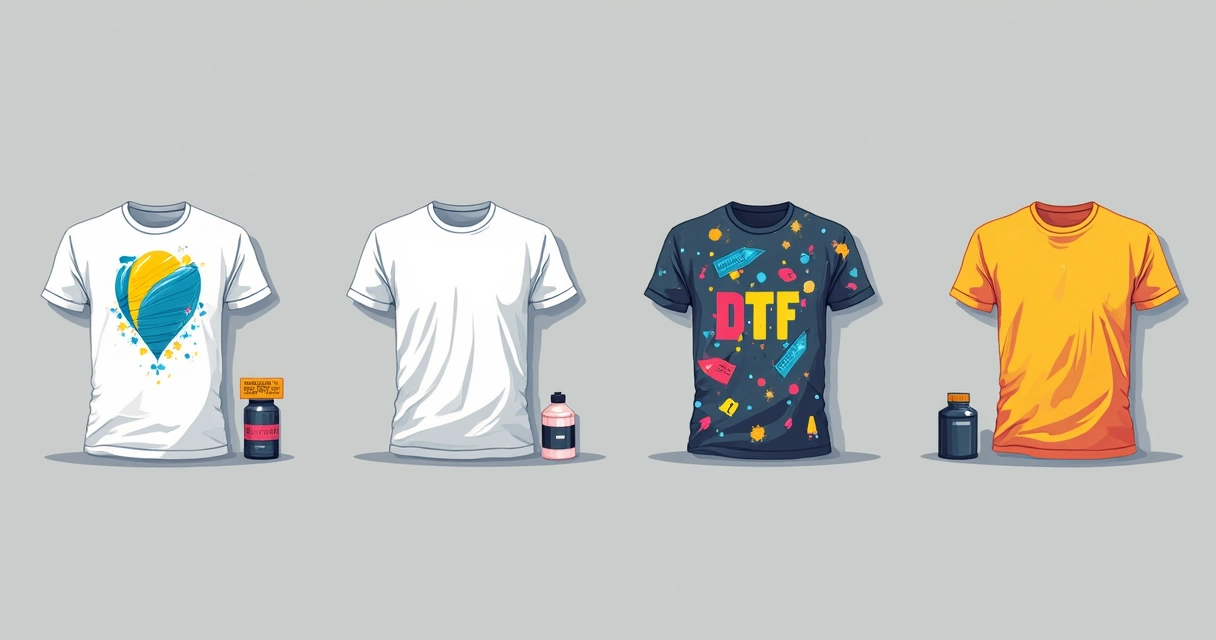 Camisetas em fila mostram diferentes tipos de estampa, como serigrafia, sublimacao, bordado e DTF, lado a lado 