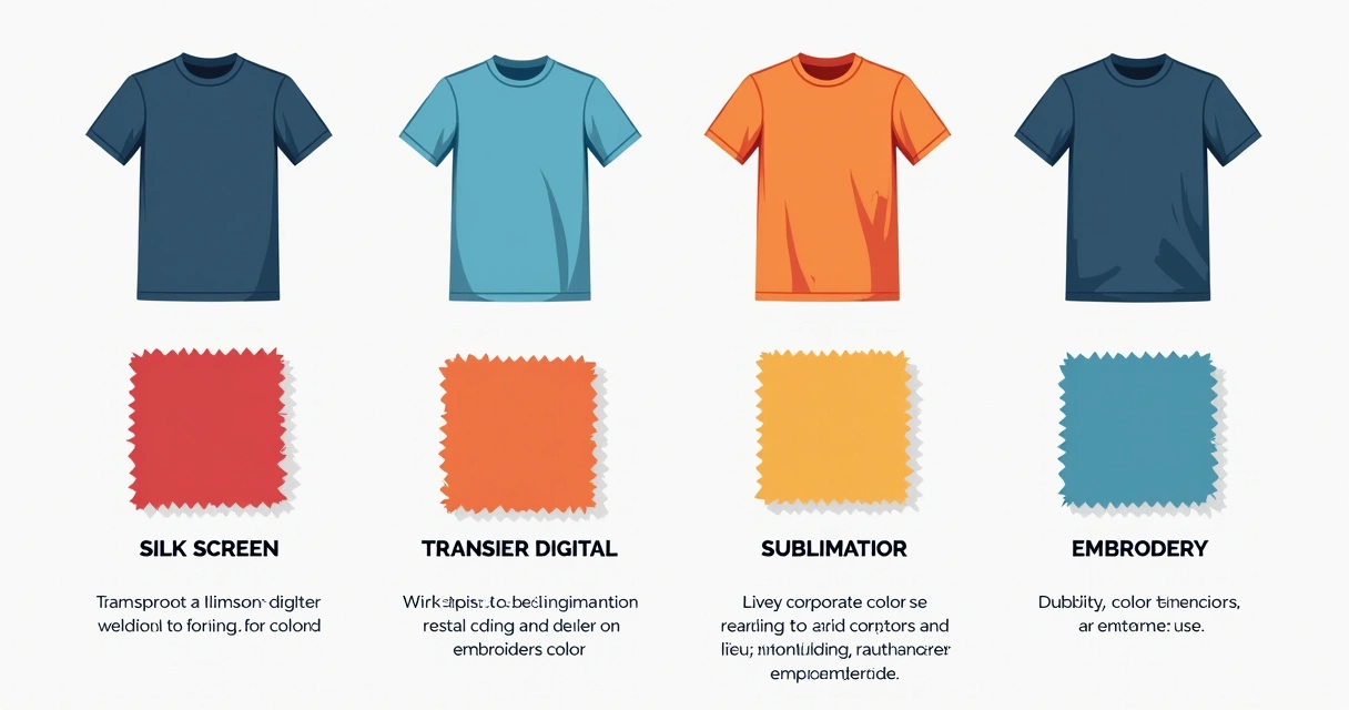 Tabela visual comparando técnicas de estamparia em camisetas, com exemplos coloridos e rótulos descritivos 