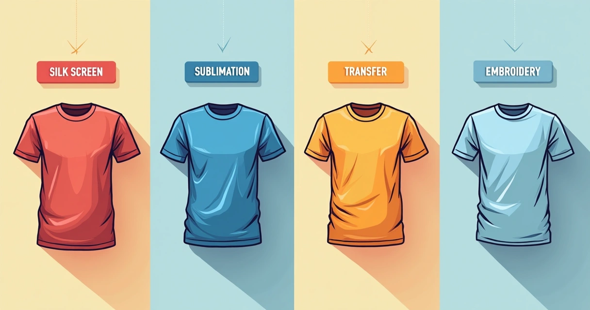 Comparação de técnicas de estamparia disponíveis em Adamantina com exemplos visuais de silk screen, sublimação, bordado e impressão digital 