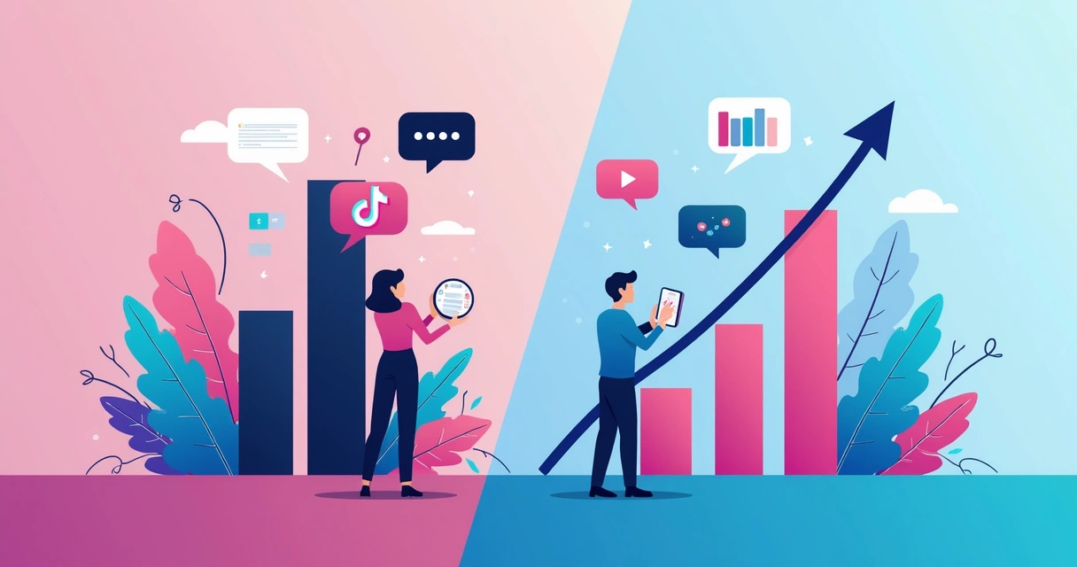 Ilustração corporativa flat comparando anúncios do TikTok e Meta Ads com gráficos de desempenho e ícones das plataformas 