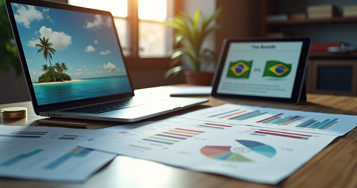 Gráfico comparativo de impostos entre empresa offshore e empresa no Brasil com gráficos e planilhas sobre mesa 