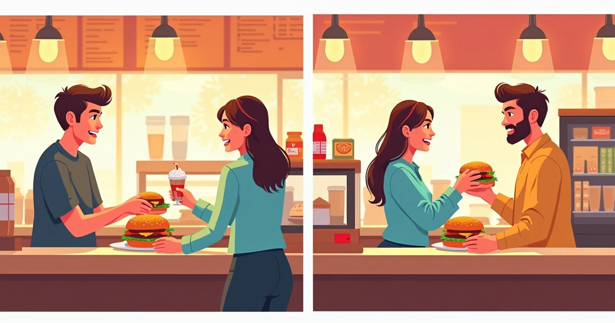 Ilustração de comparação entre upselling e cross selling em um balcão de lanchonete 