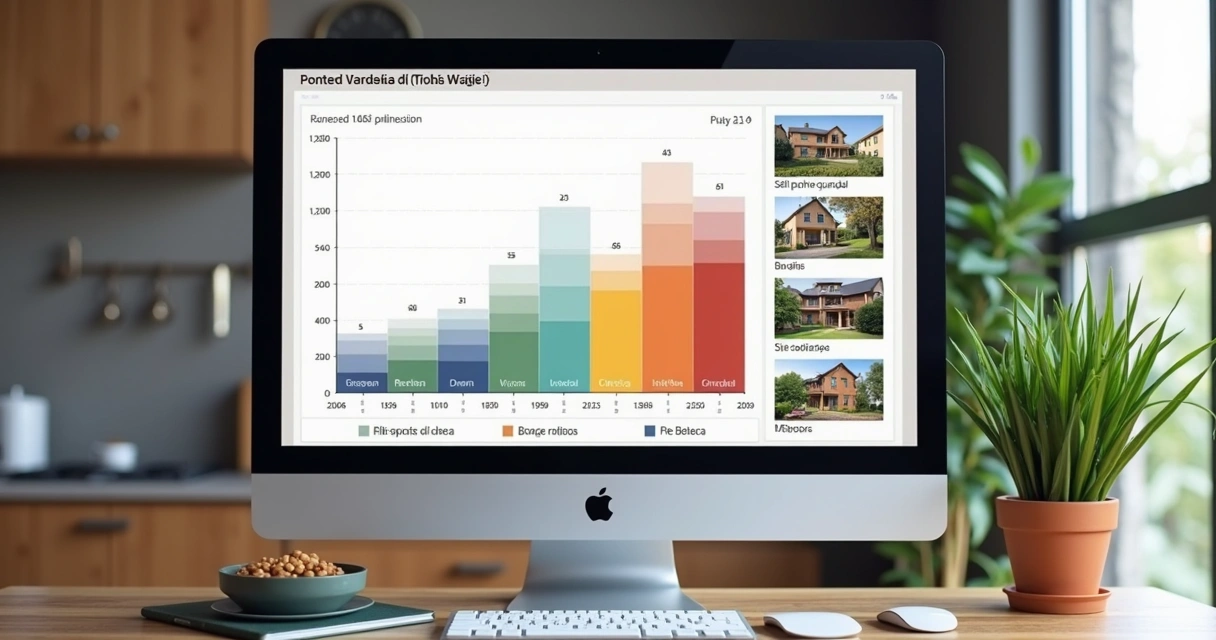 Tela de computador exibindo gráficos comparativos de valores de imóveis entre mercado e leilão, com dados e fotos de imóveis ao lado 