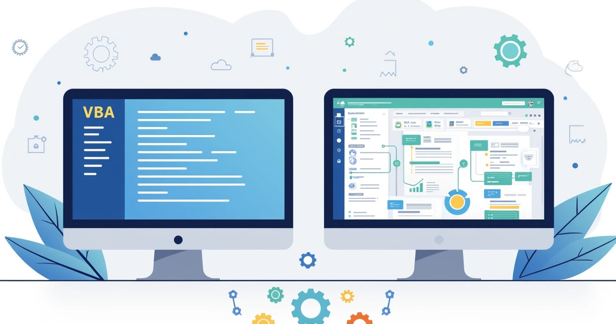 Ilustração corporativa mostrando comparação entre VBA e Power Automate para automação de tarefas 