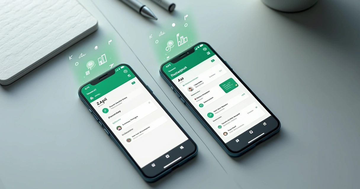 Dois smartphones lado a lado comparando recursos de Z-API e Zapster API 