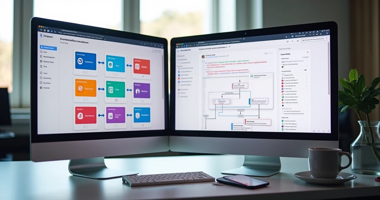 Tela de computador mostrando comparação entre Zapier e n8n com gráficos e código ao lado 