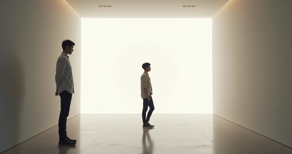 A person standing in the shadows watching another person in the spotlight. 