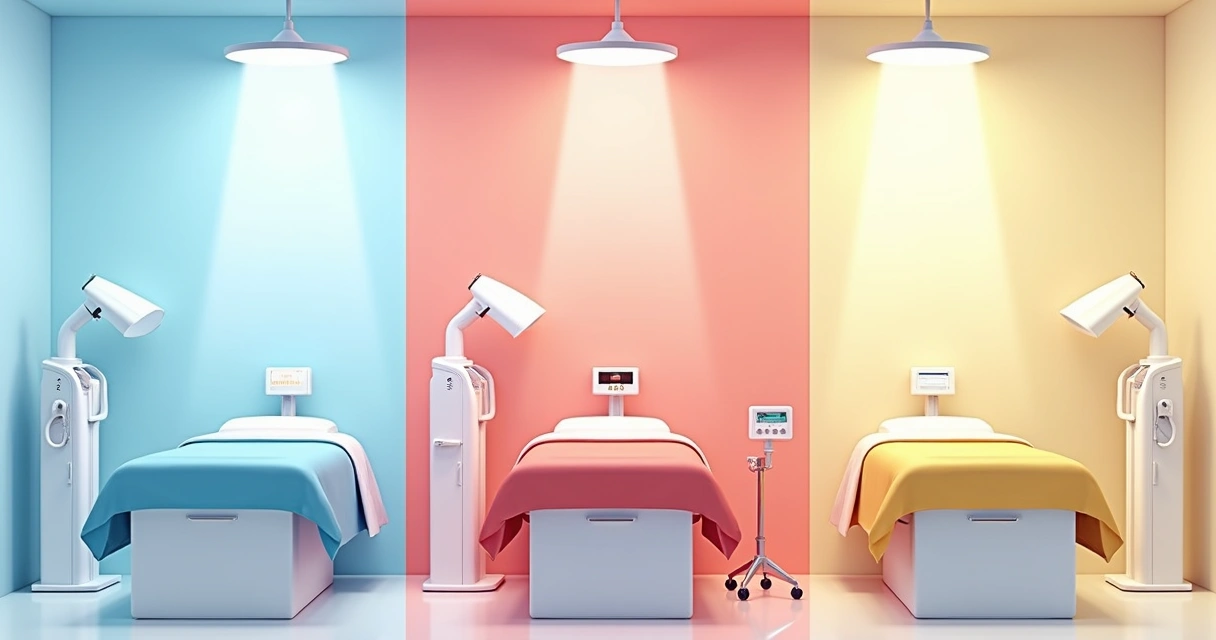 Ilustração comparando depilação a LED, laser e IPL, com três equipamentos lado a lado em ambiente clínico 