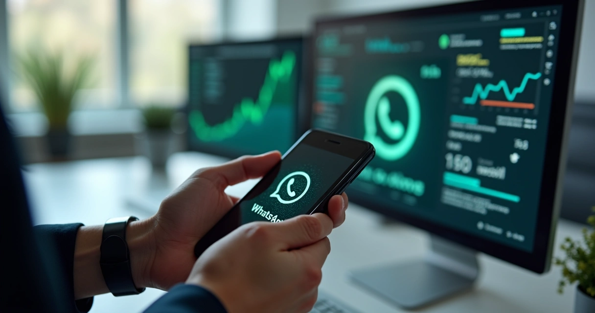 Pessoa segurando um smartphone, compartilhando link via WhatsApp num ambiente de trabalho moderno 