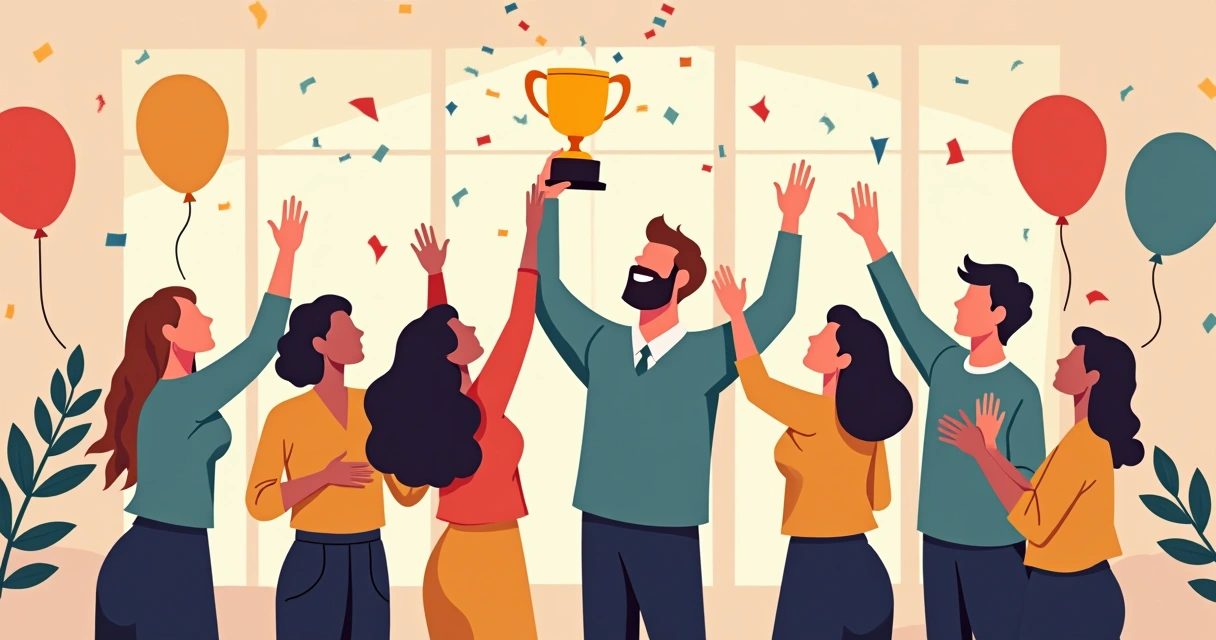 Líder sorrindo ao lado da equipe segurando troféu