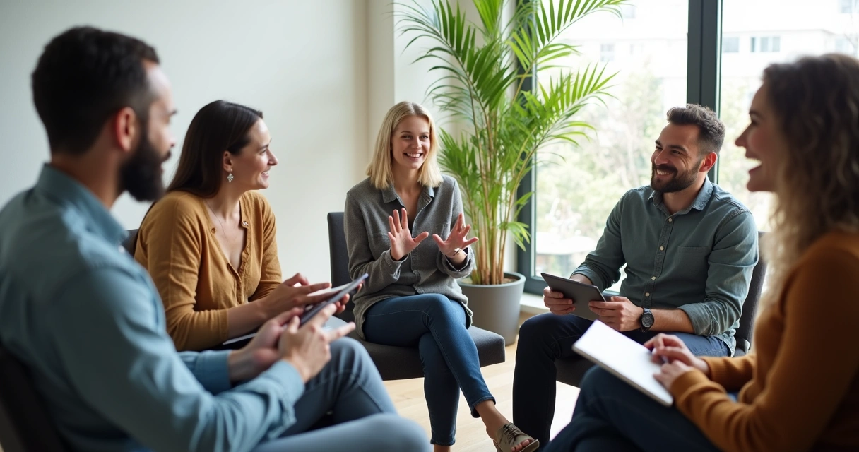 Pessoas sentadas em círculo compartilhando ideias e experiências
