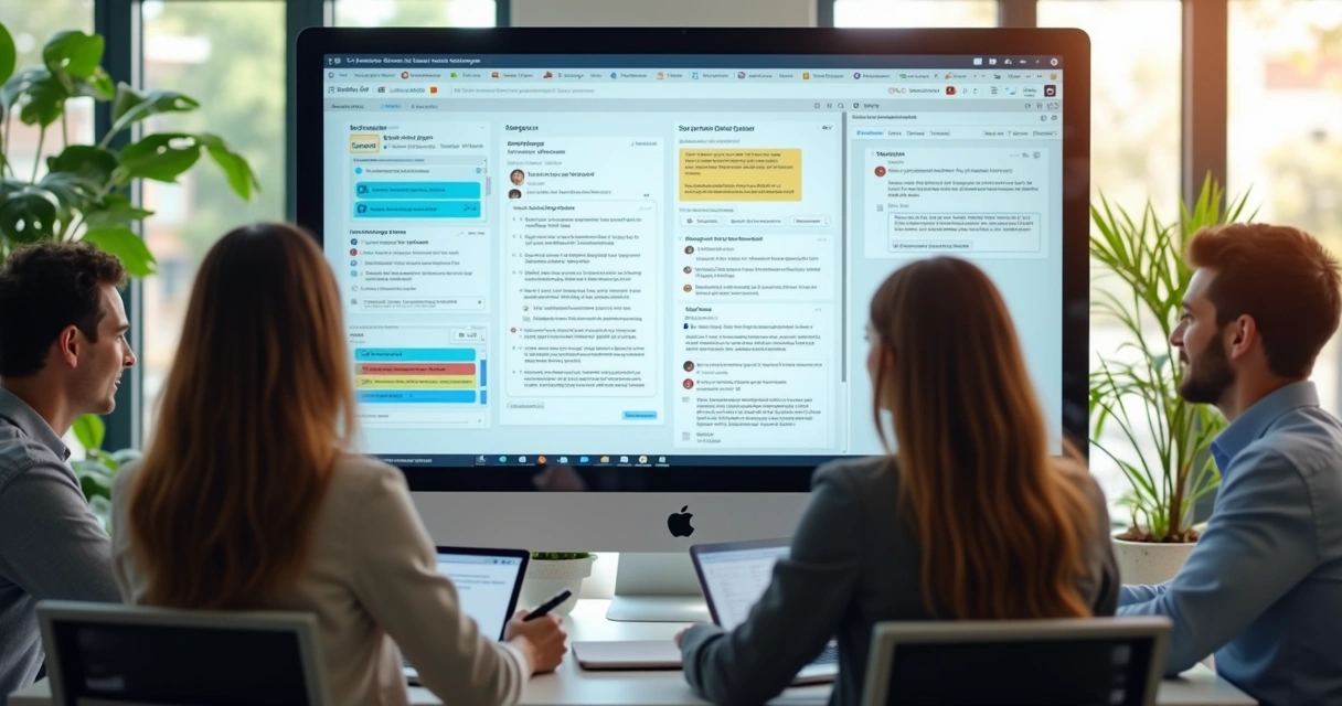 Três pessoas analisando um dashboard compartilhado na tela 