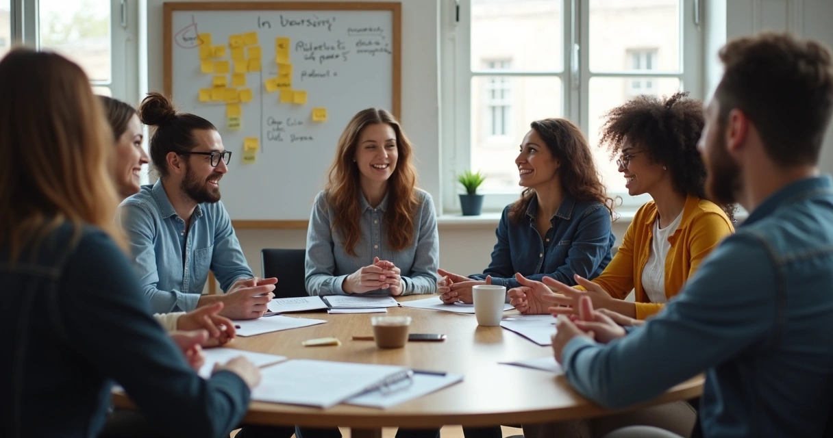 Equipe de trabalho compartilhando experiências, conversando em roda 