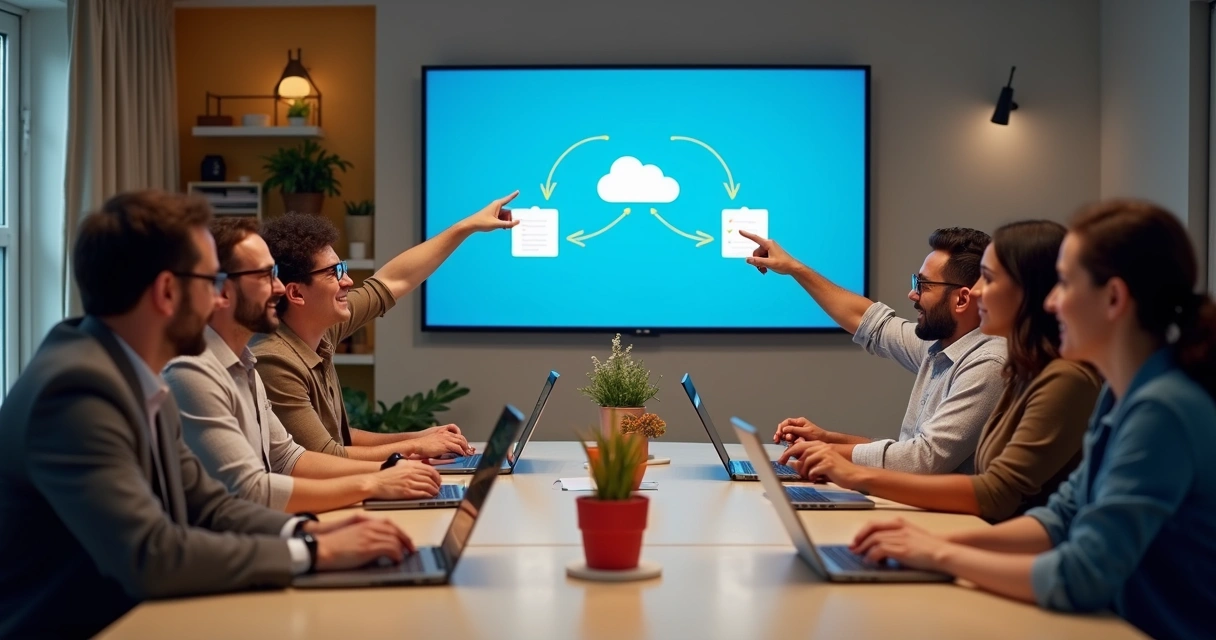 Equipe compartilhando arquivos digitais em nuvem numa mesa de reunião 