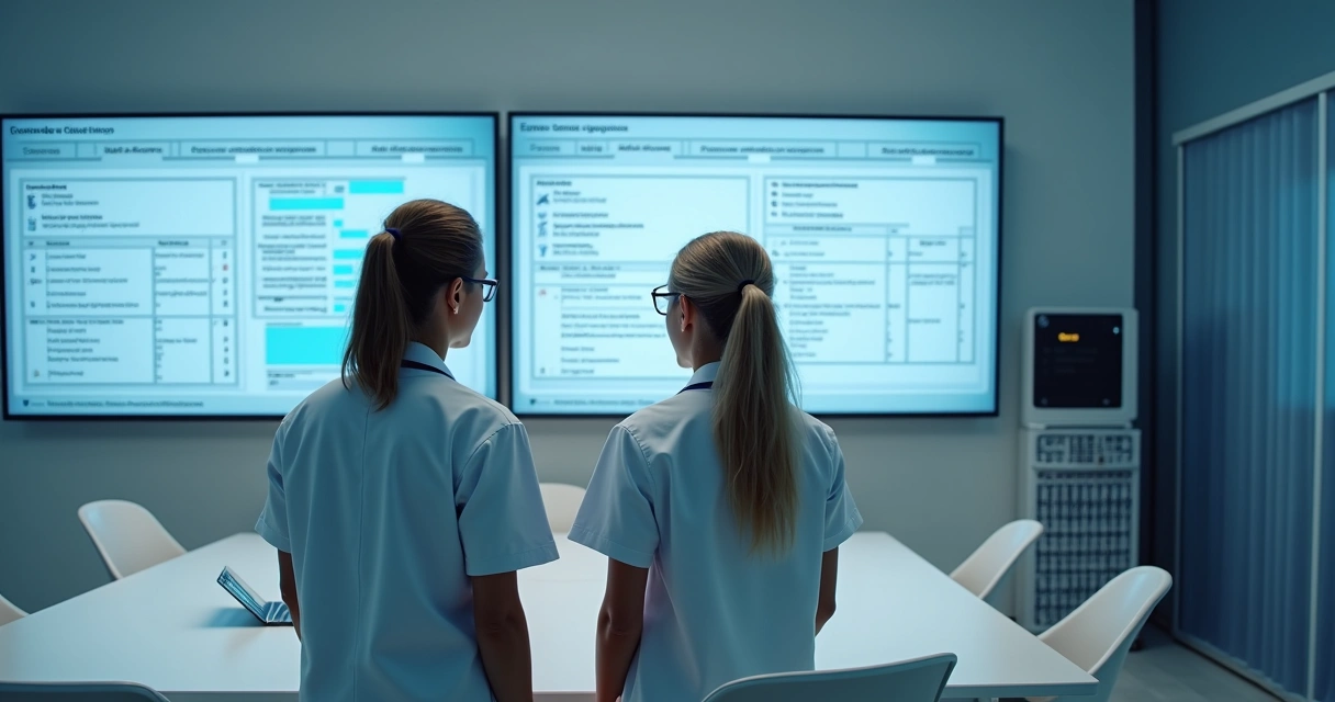 Médicos em uma sala de reuniões discutindo prontuário eletrônico em monitores 