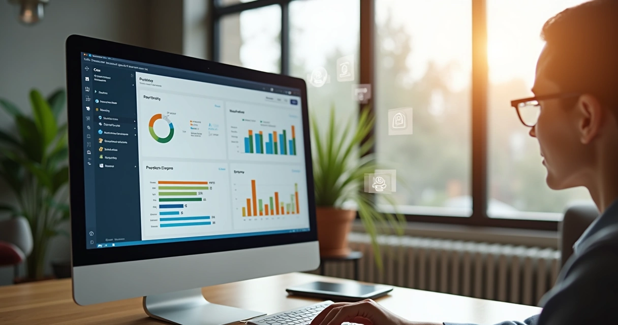 Tela de computador com dashboard de relatórios de imóveis e ícones de compartilhamento