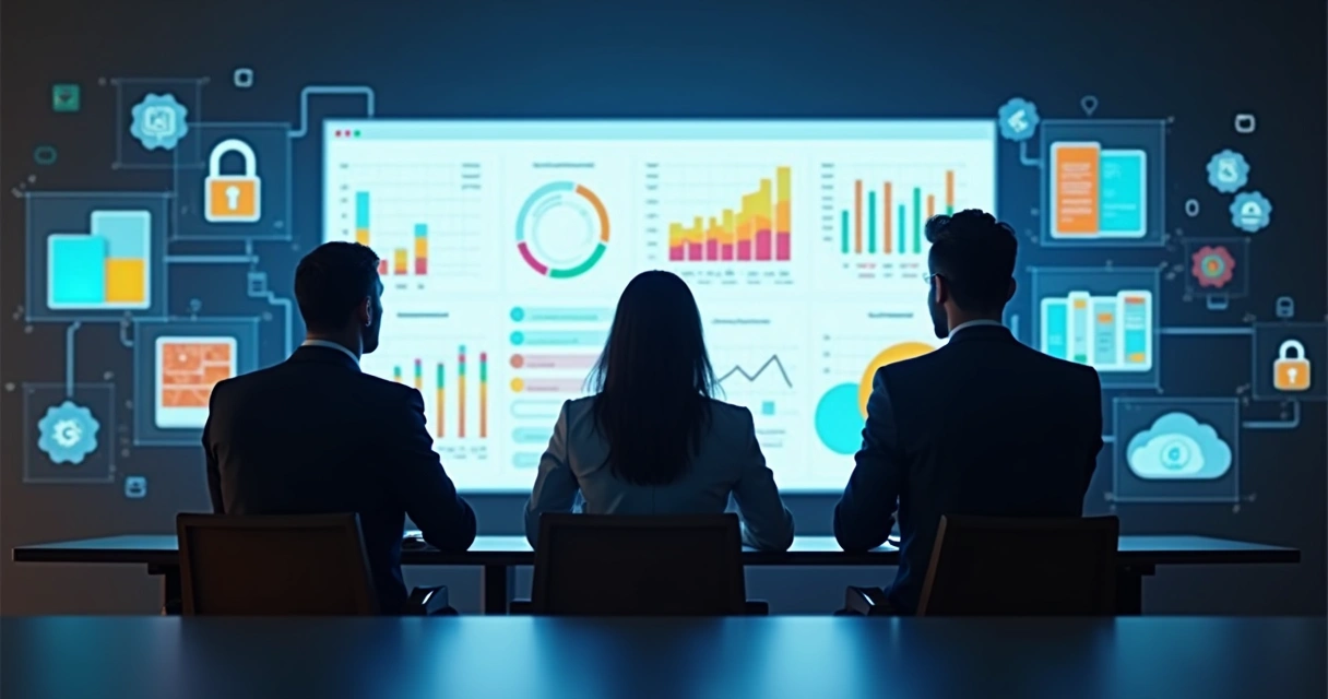 Tela com gráficos de gestão condominial e pessoas analisando relatório digital 