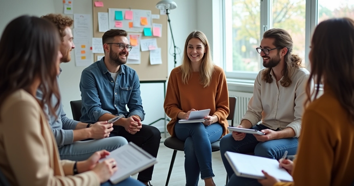 Colaboradores trocando experiências em círculo 