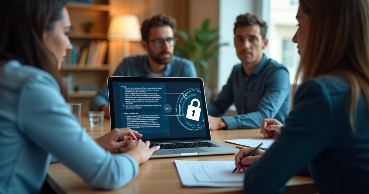 Profissional compartilhando documento na tela de notebook com ícone de cadeado, colegas atentos ao redor 