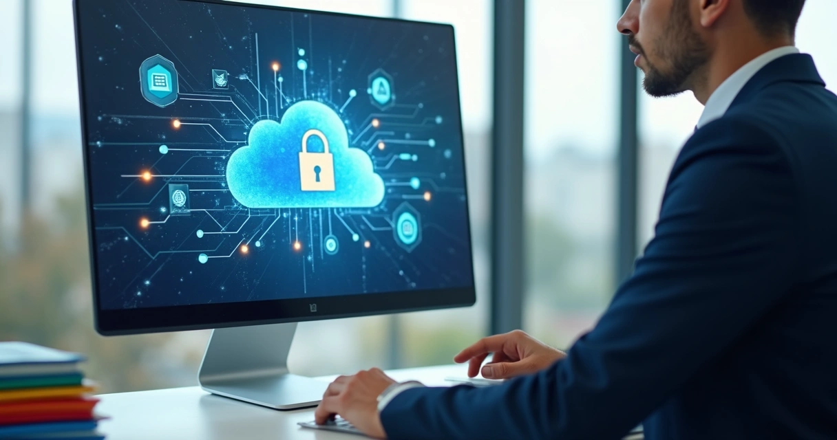 Profissional de contabilidade usa computador para acessar arquivos em nuvem em escritório 