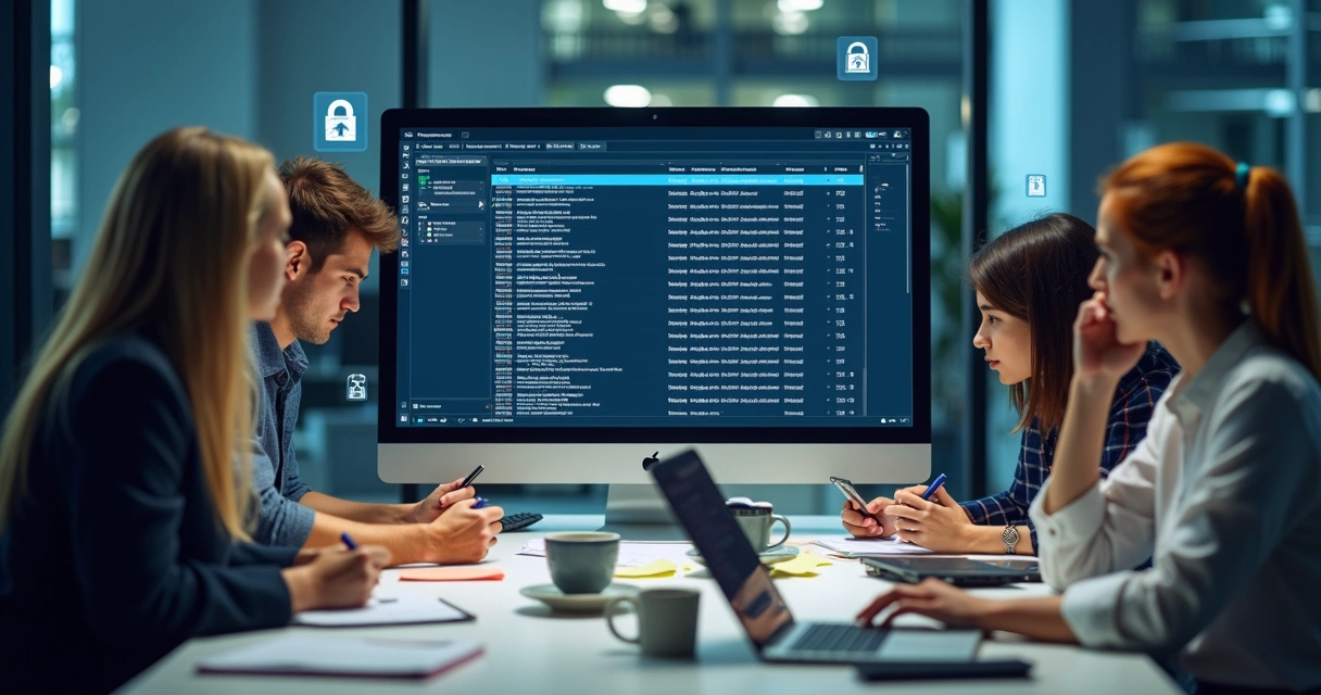 Colaboradores de TI olhando para tela compartilhando senhas sem segurança 