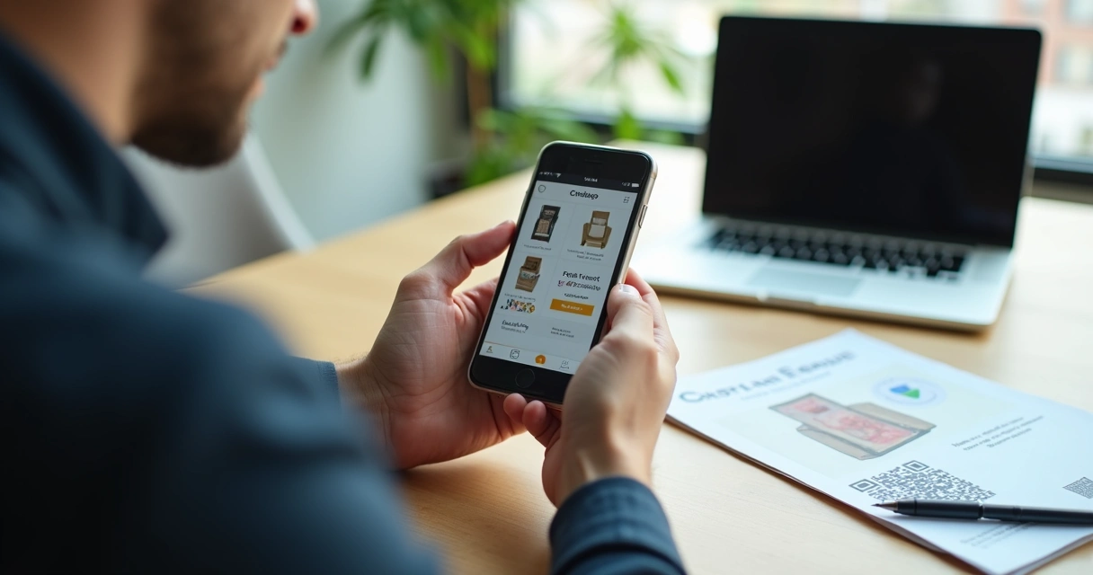 Pessoa compartilhando catálogo digital por WhatsApp e redes sociais com QR Code à vista 