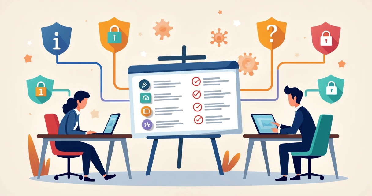 Representação de equipe remota compartilhando checklist online, com computadores conectados a um quadro de tarefas digital.