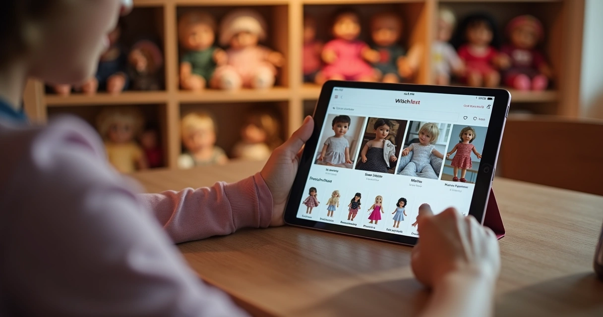 Pessoa mostrando detalhes da coleção de bonecas em tablet para amigo