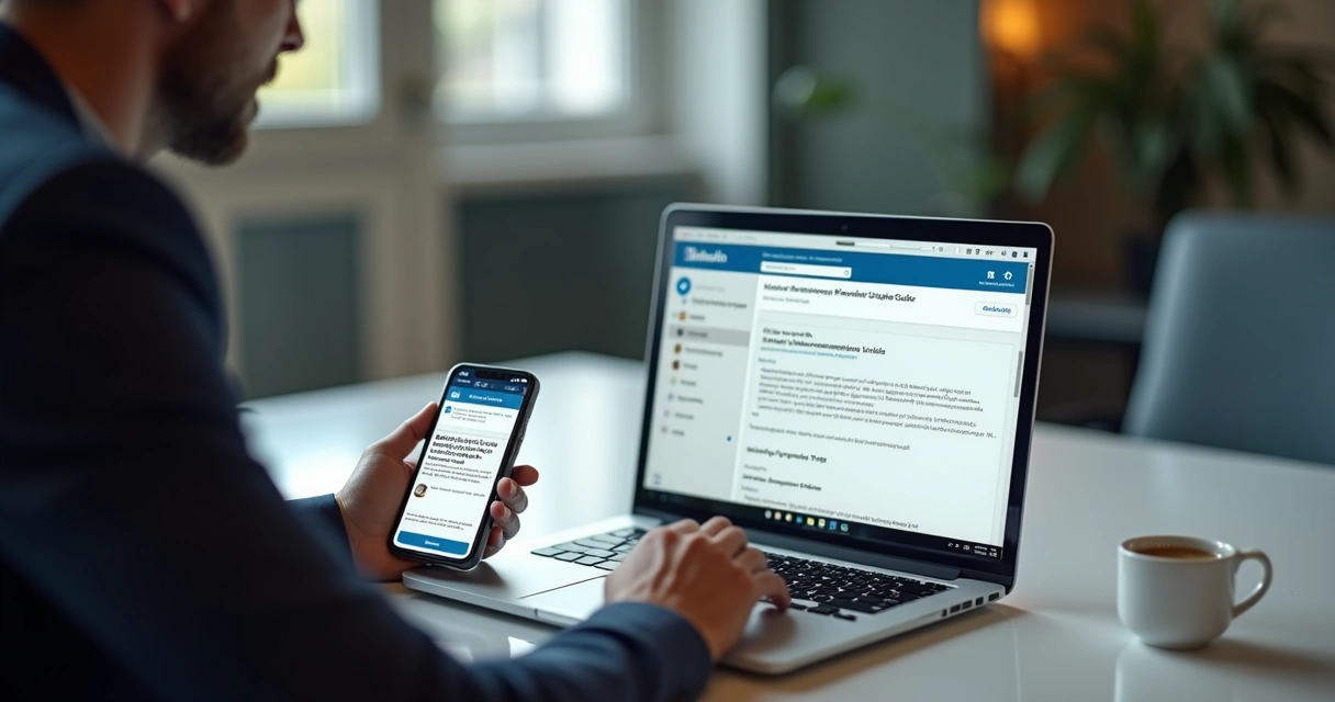 Profissional compartilha conteúdo digital no LinkedIn usando notebook e smartphone 