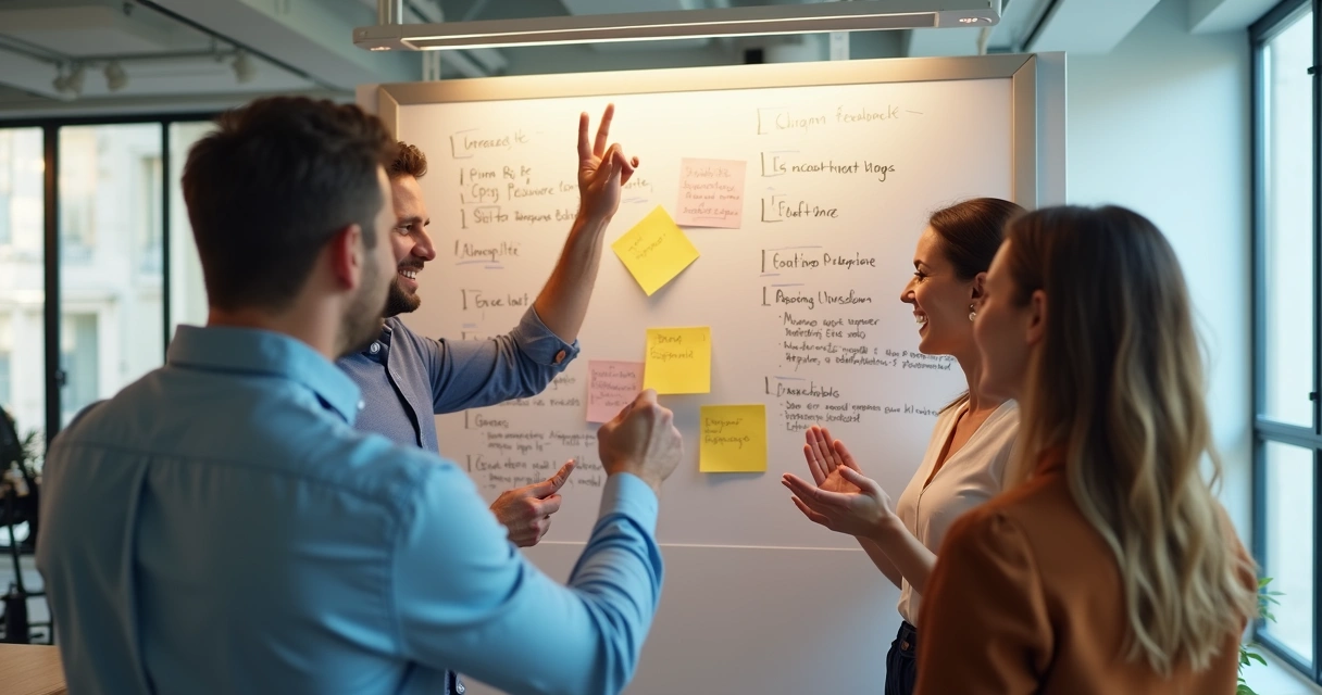 Colaboradores comemorando melhorias baseadas em feedback em ambiente de trabalho 