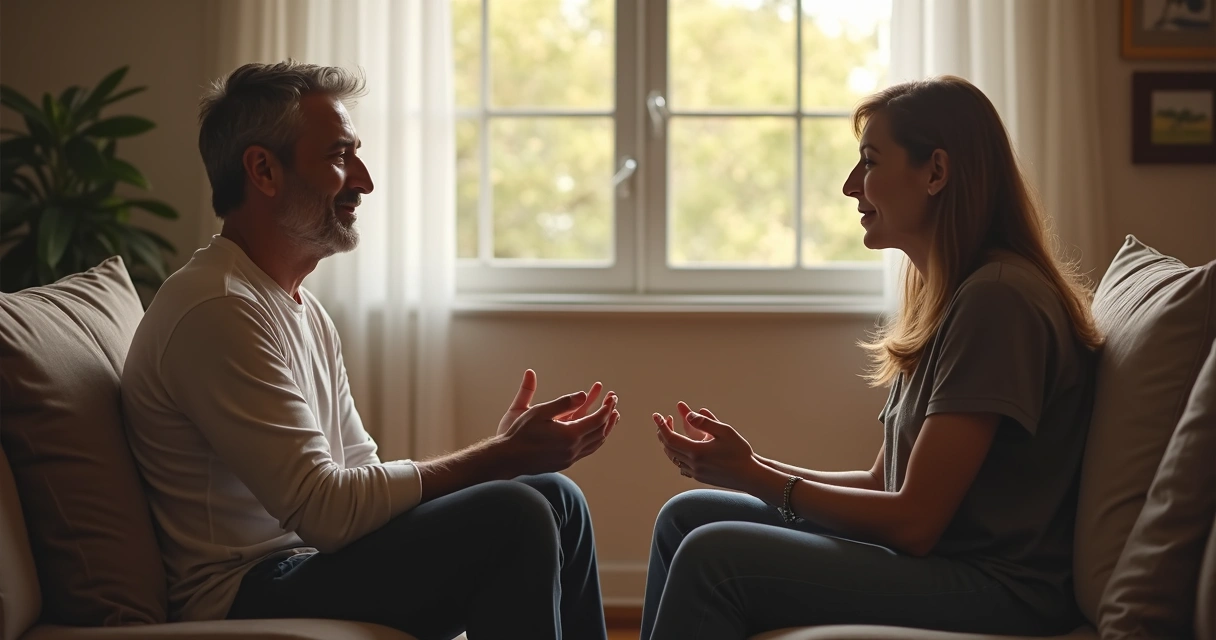 Duas pessoas conversando sentadas com expressão de empatia