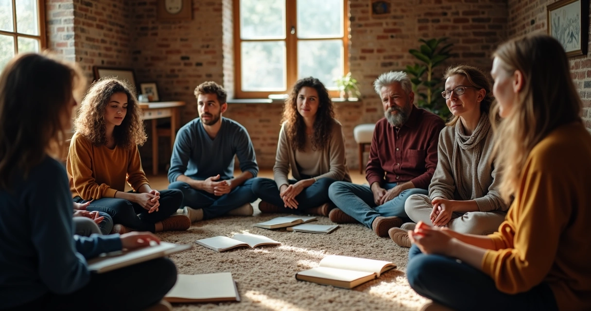 Pessoas sentadas em círculo trocando ideias 