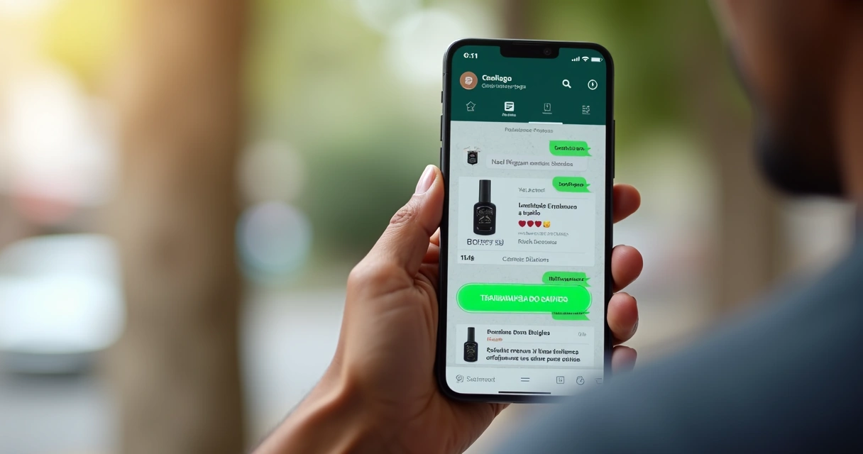 Tela de celular mostrando compartilhamento de produto via WhatsApp 