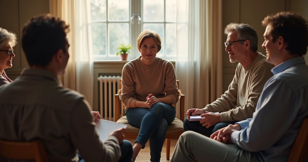 Grupo de personas sentados en círculo compartiendo experiencias personales 