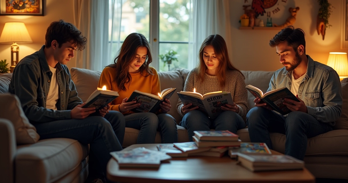 Grupo de amigos leyendo cómics juntos en una sala
