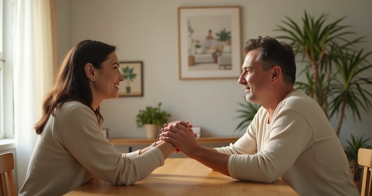 Dos adultos sentados frente a frente estrechando manos con expresión de comprensión 