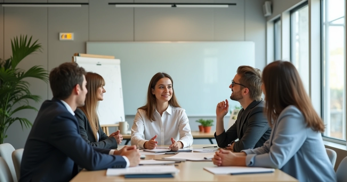 Equipo en reunión con ambiente positivo y líder mostrando empatía 