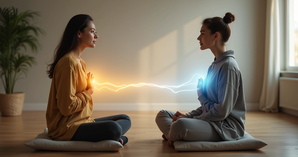Dos personas sentadas frente a frente conectadas por luz entre corazón y mente 