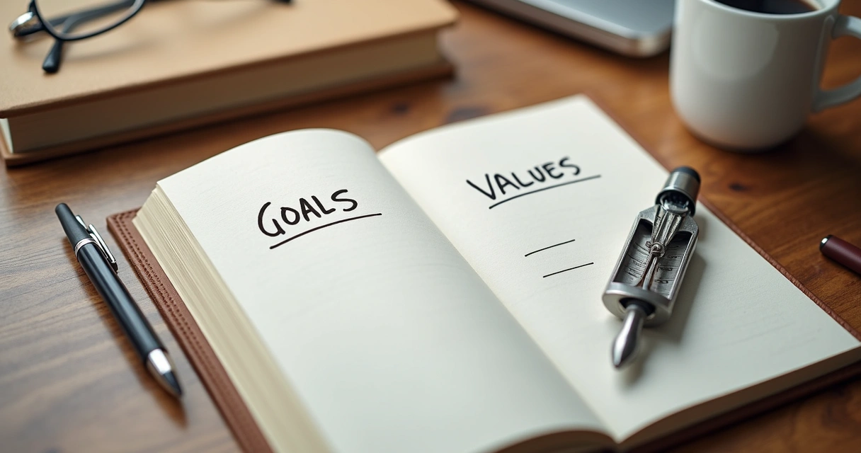 Compass beside a notebook with goals and values written on the page