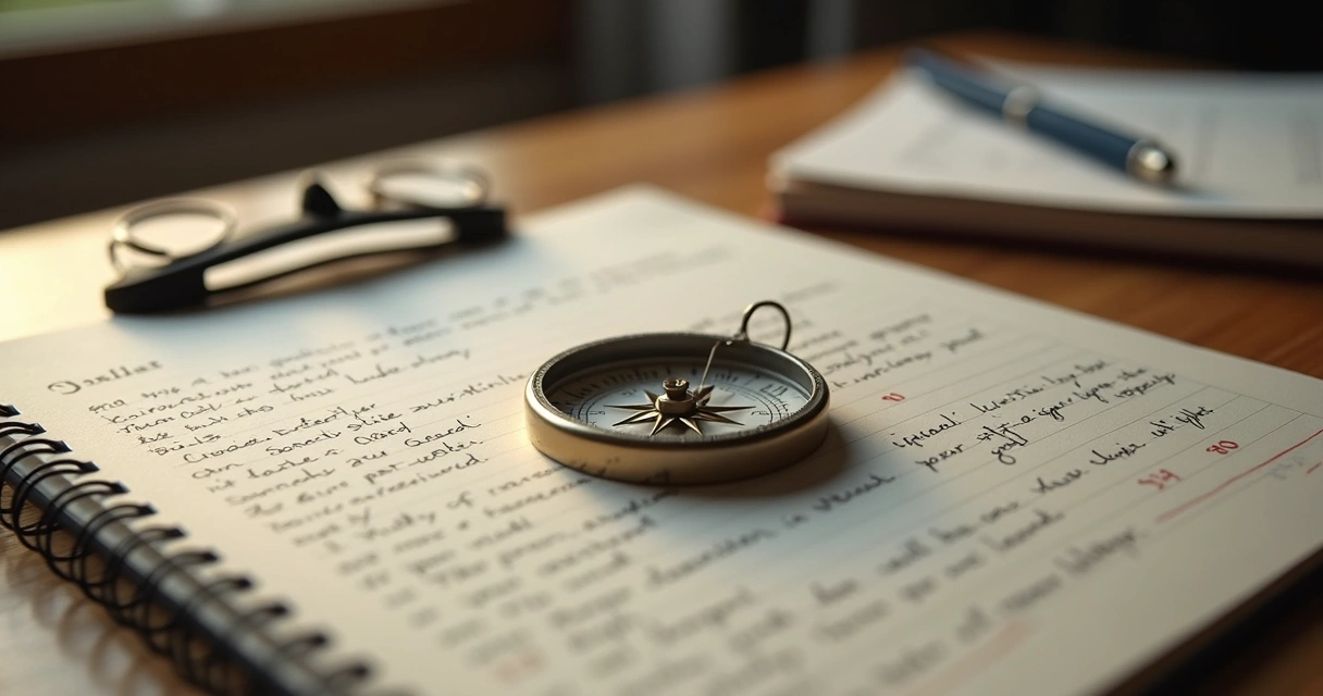 Desk with a compass slightly off center beside leadership notes