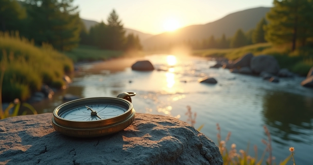 Compass on rock beside river splitting into two paths at sunrise 