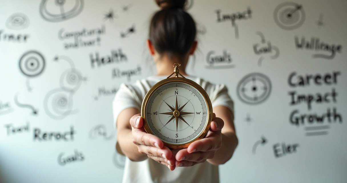 Person holding a compass over a wall of fading goals and targets 