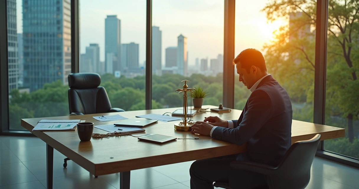 Worker at desk holding a compass pulled in opposite directions by office and nature 