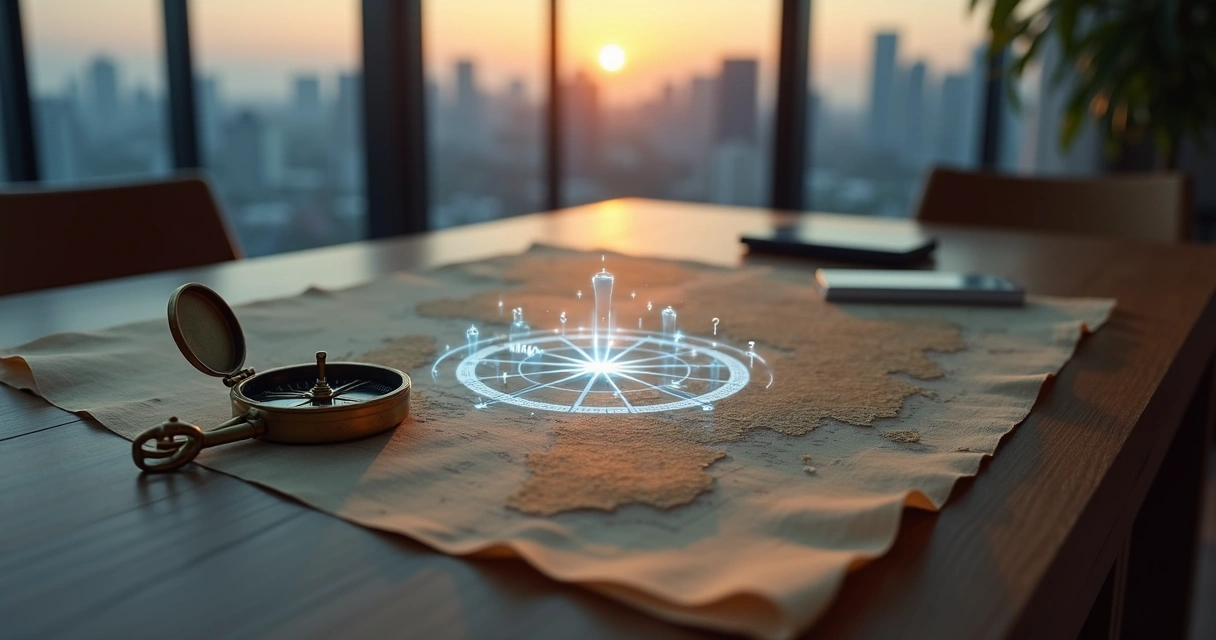 Person comparing an old compass to a glowing digital compass on large desk map 