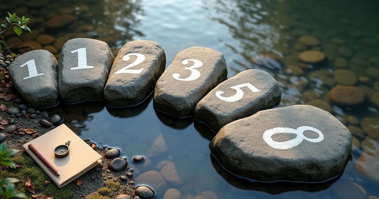 Overhead view of a compass beside numbered stepping stones across a river 