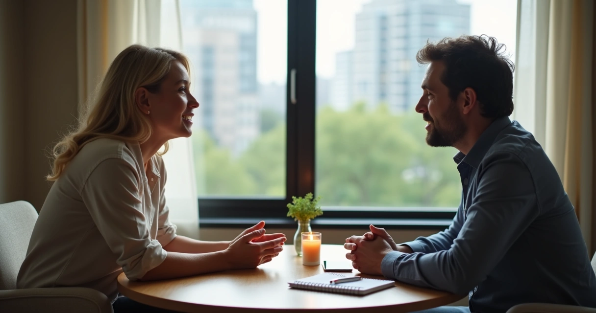 Two people in a serious conversation at a table balancing empathy and firmness 
