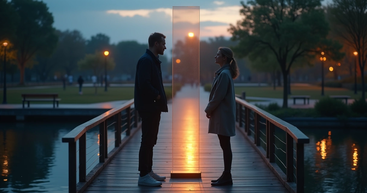 Two people standing on a narrow bridge separated by a transparent barrier with a soft light between them 