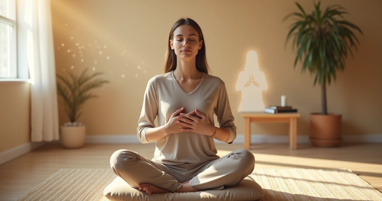 Person practicing compassionate breathwork in quiet room with soft light and warm tones 