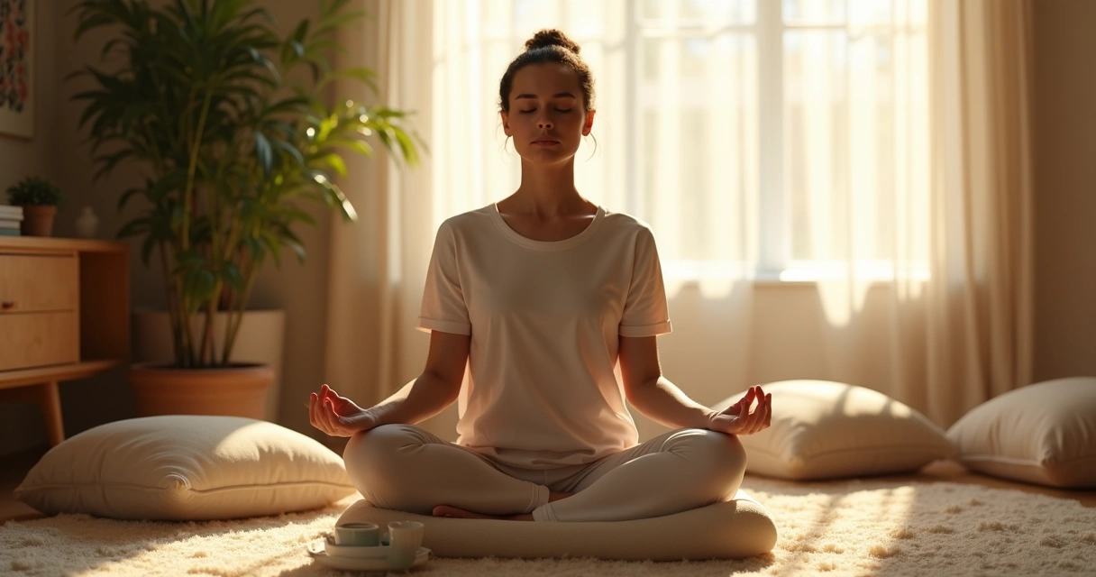 Person in relaxed seated position focusing on breath with soft lighting 