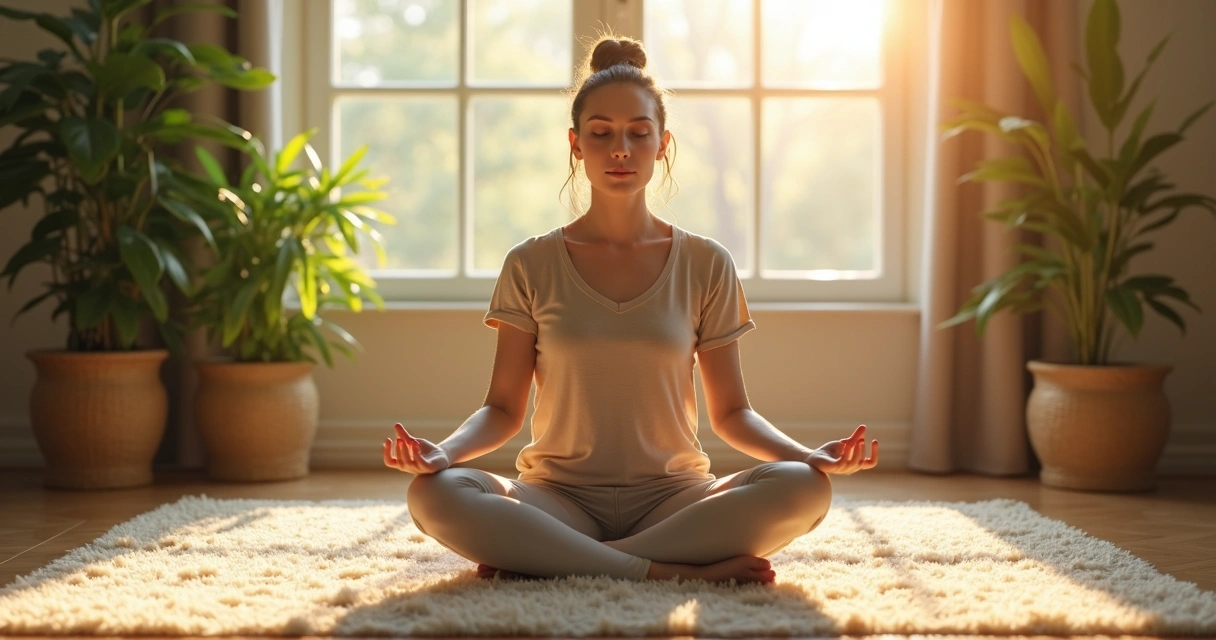 A realistic image of a person comforting themselves with a gentle hand on their chest in a peaceful setting